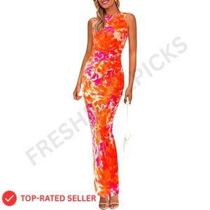Mesh Sleeveless Bodycon Maxi Dress Ruched Floral Print Wedding Guest